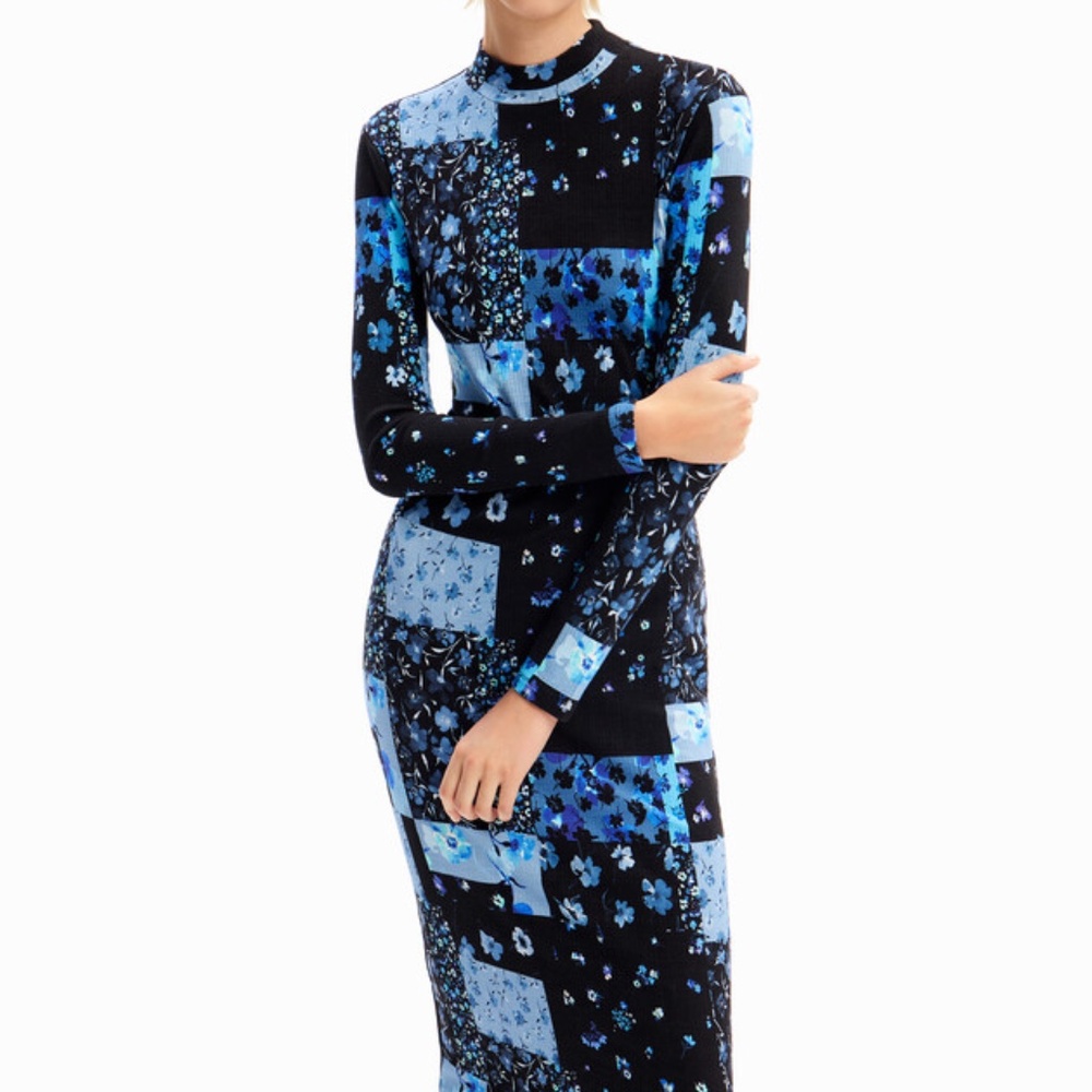 DESIGUAL FLORAL RIBBED MIDI DRESS